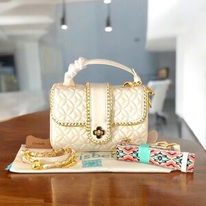 Chrisbella NWT Off White Leather Quilted Handbag Crossbody with Gold Accents